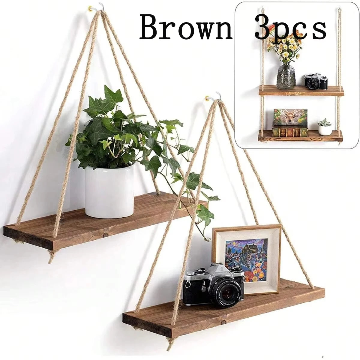 Wooden Hanging Rope Shelf