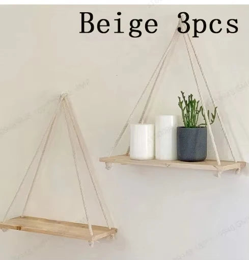 Wooden Hanging Rope Shelf